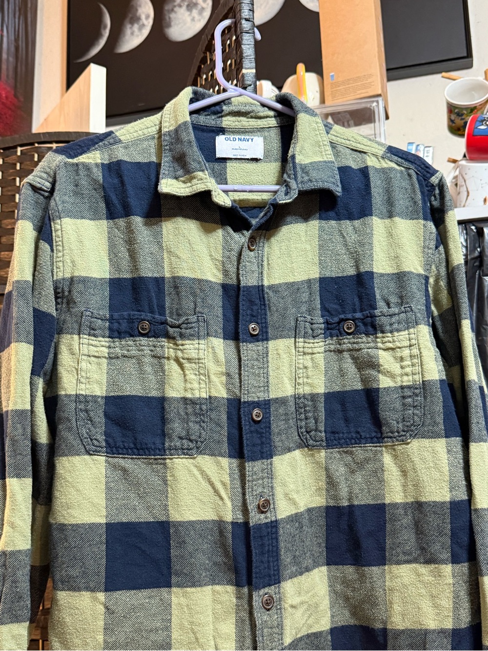 Old Navy Navy and Yellow Buffalo Plaid Flannel Shirt Unisex Large (L)